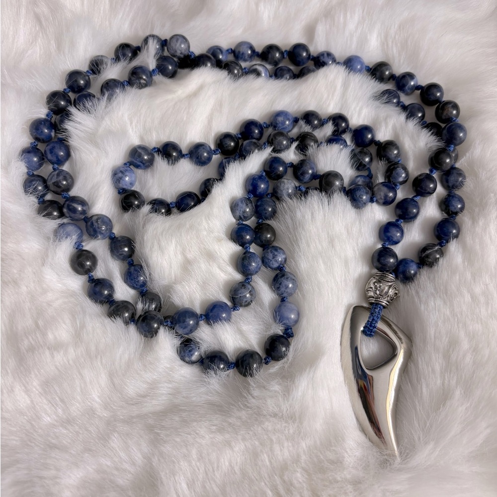 8mm Lapis Lazuli Mala with Tooth Claw Pendant Handmade by Just Divine Jewelry